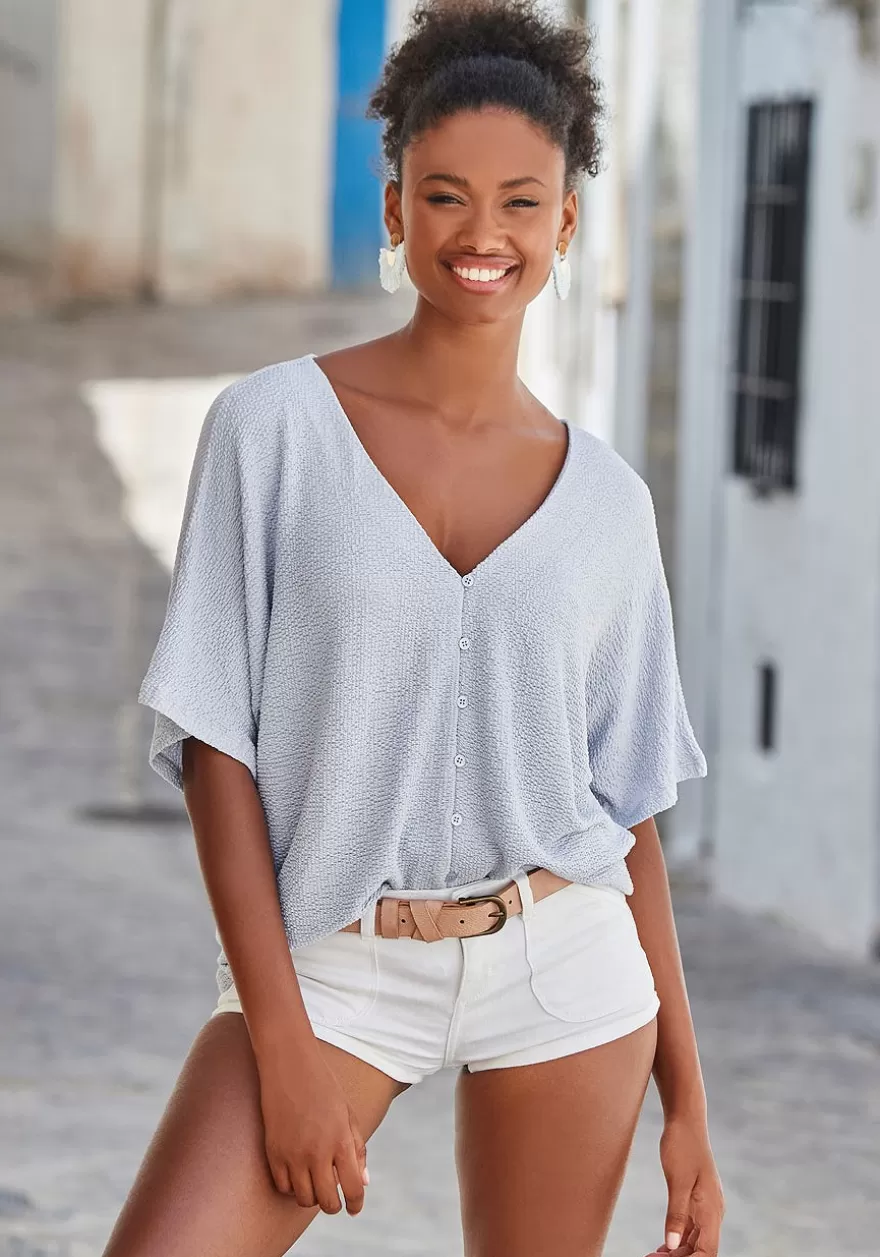 New Button Down V-Neck Top Short Sleeve Tops