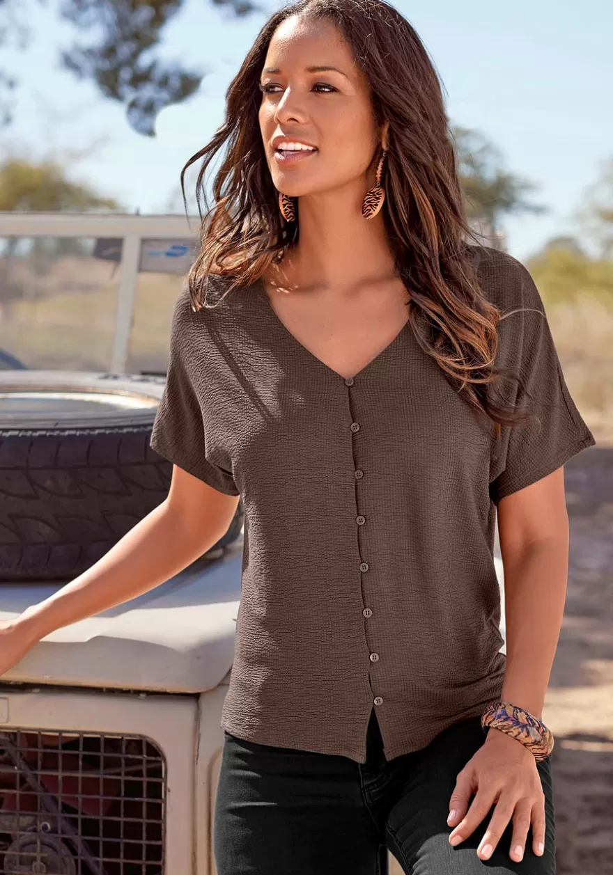 Hot Button Down V-Neck Top Short Sleeve Tops