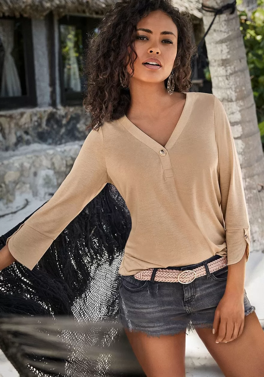 Cheap Button V-Neck Top Long Sleeve Tops