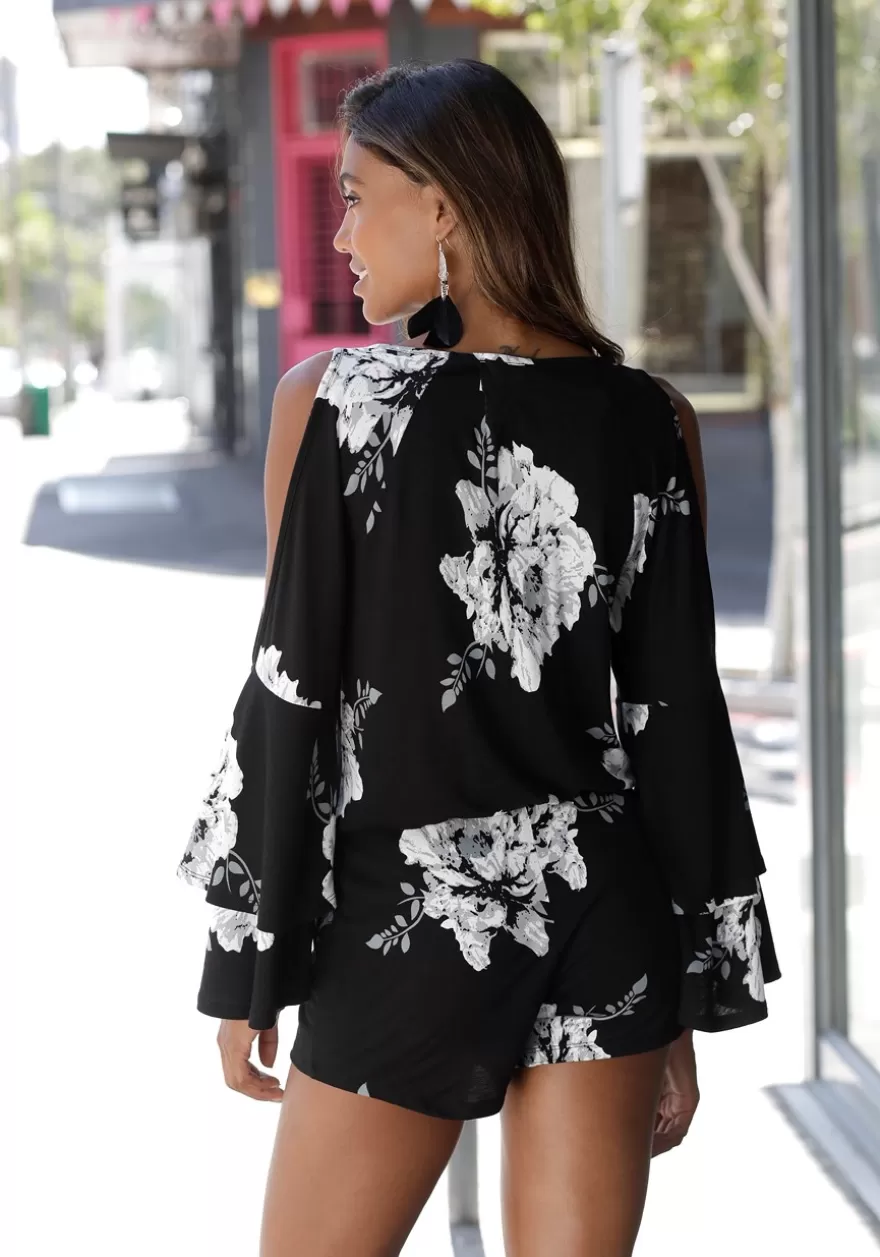 Flash Sale Cold Shoulder Floral Romper Rompers