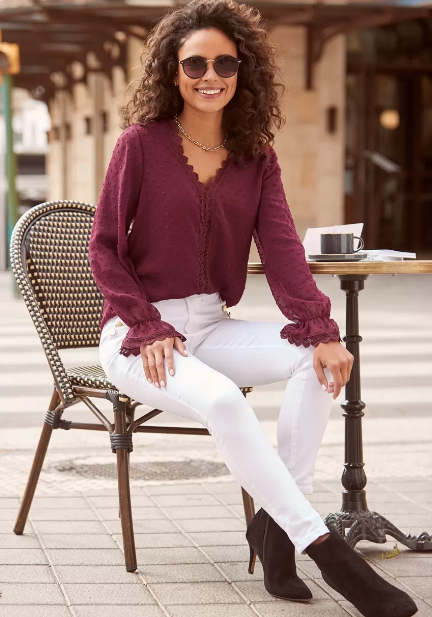 Hot Crochet Trim Long Sleeve Blouse Blouses