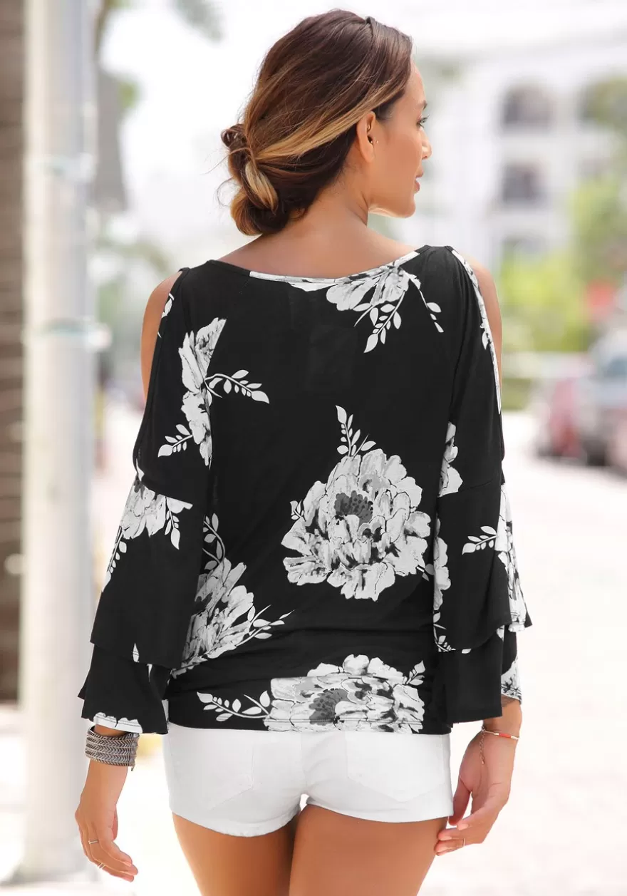 Sale Floral Cold Shoulder Top Long Sleeve Tops