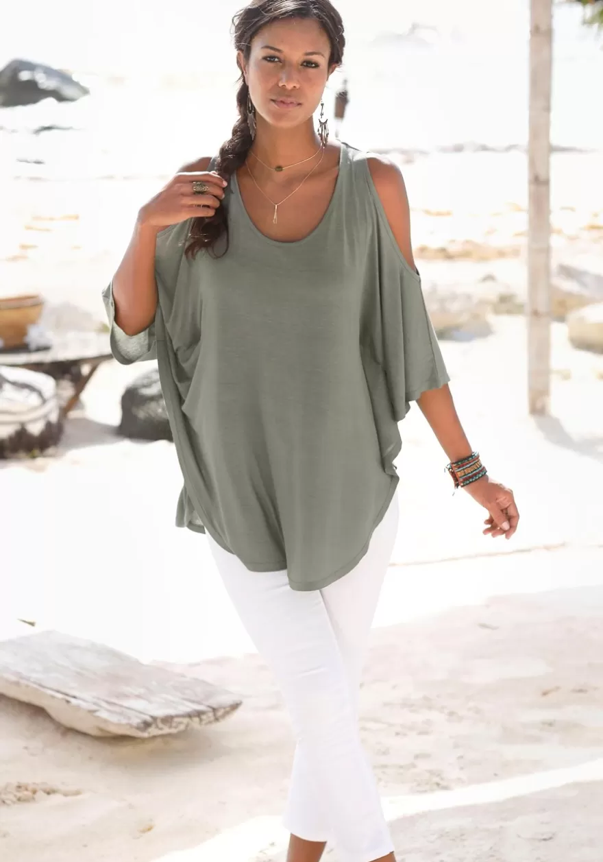 Cheap Flowy Cold Shoulder Top Short Sleeve Tops