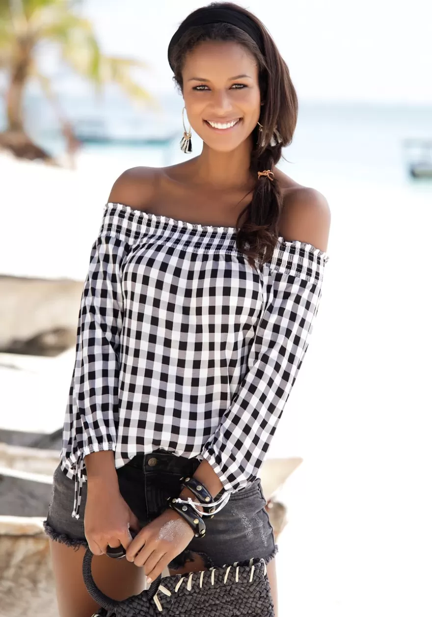 Shop Gingham Carmen Top Long Sleeve Tops