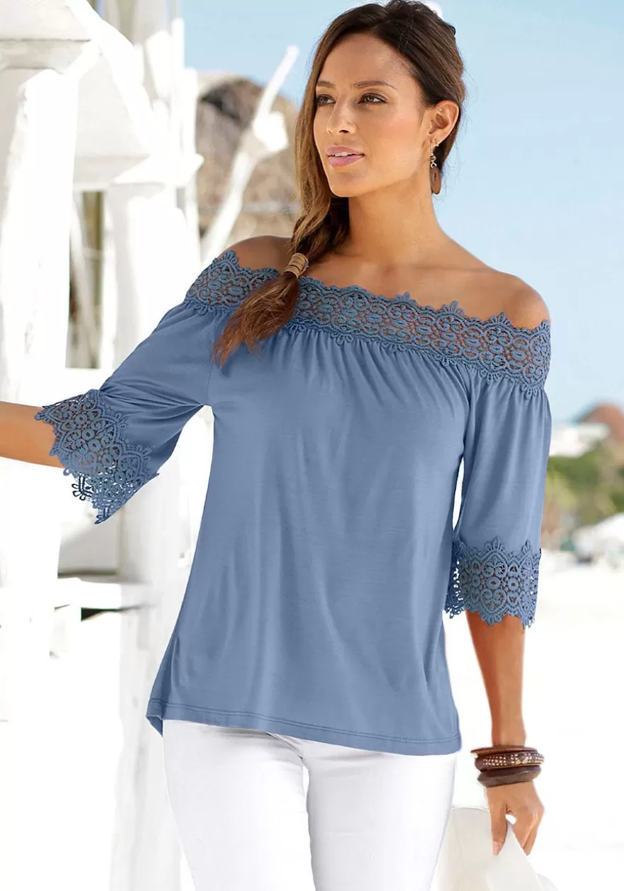 Flash Sale Lace Accent Carmen Top Short Sleeve Tops