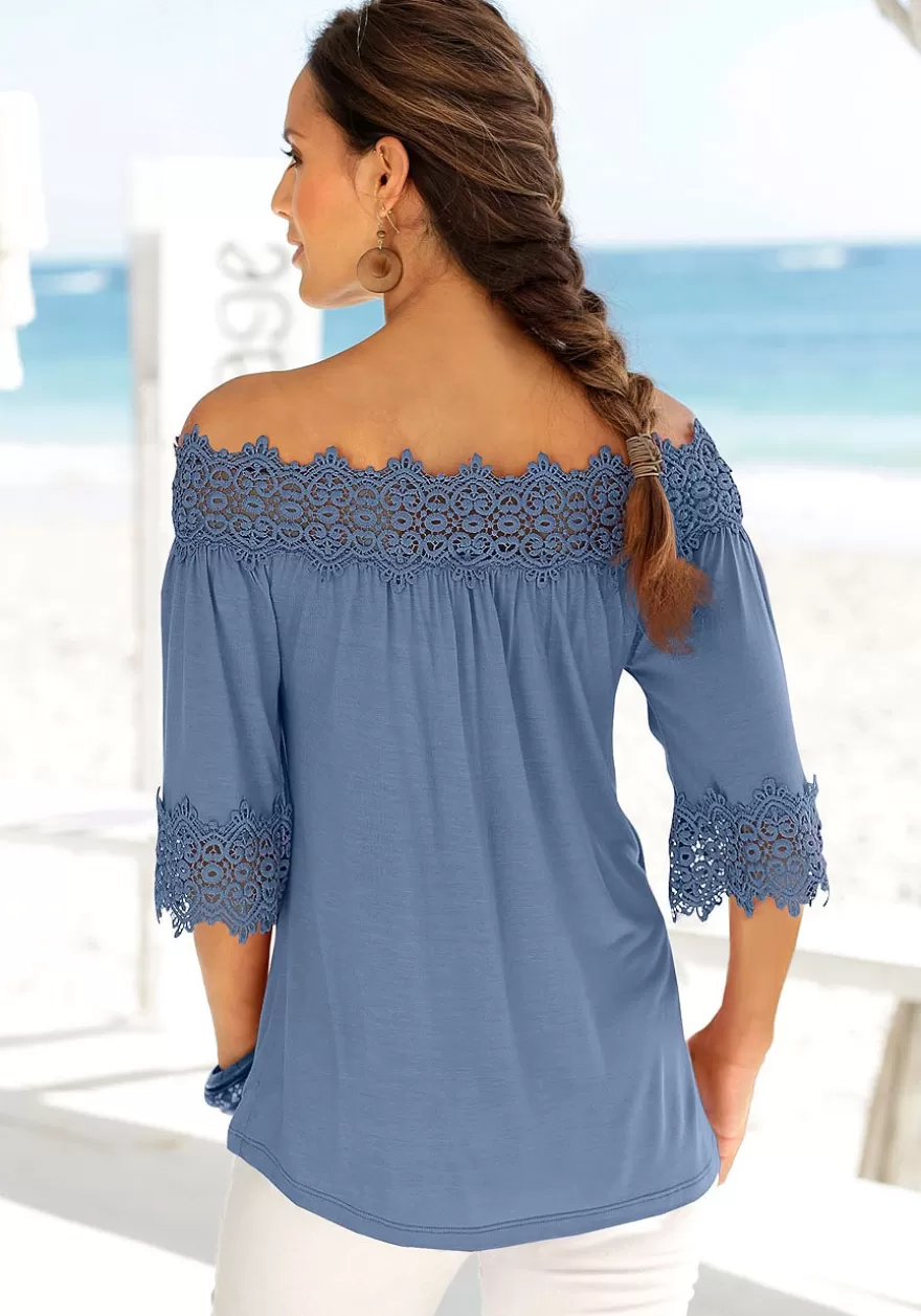 Flash Sale Lace Accent Carmen Top Short Sleeve Tops