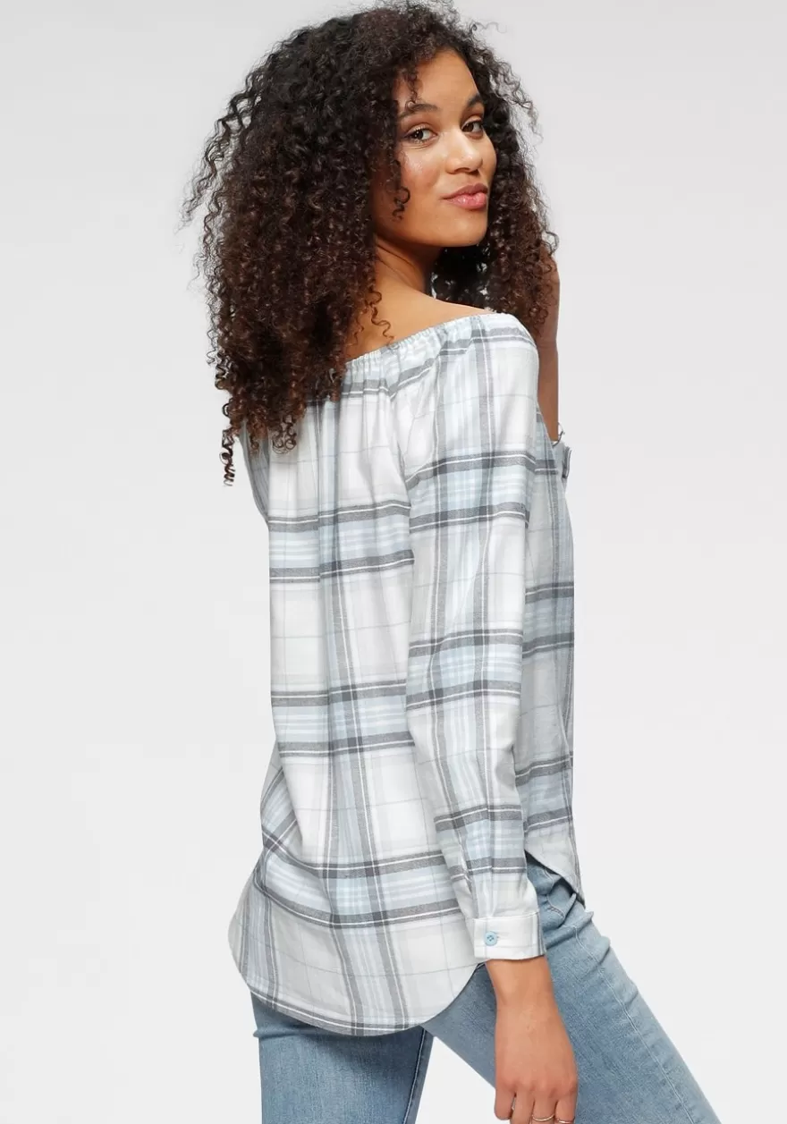 Hot Off Shoulder Plaid Blouse Blouses