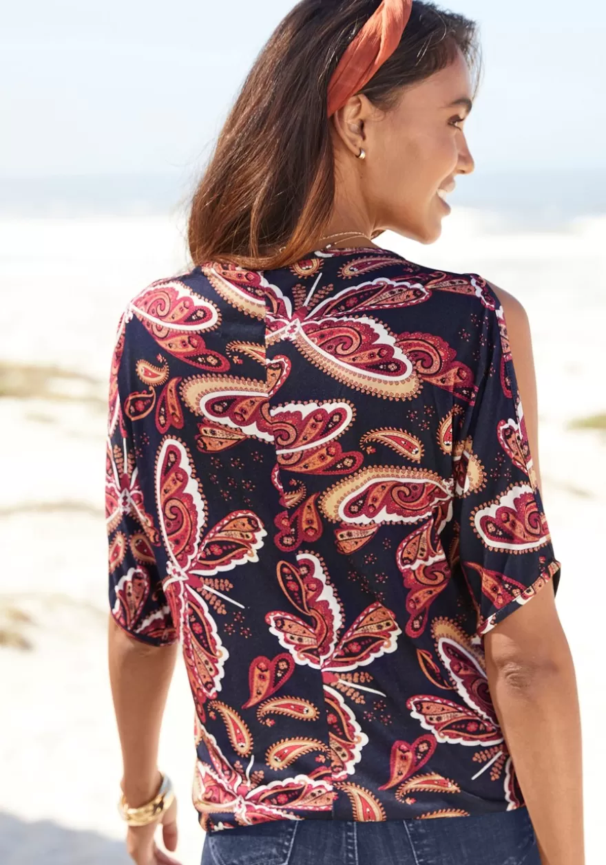 Outlet Paisley Cold Shoulder Top Short Sleeve Tops