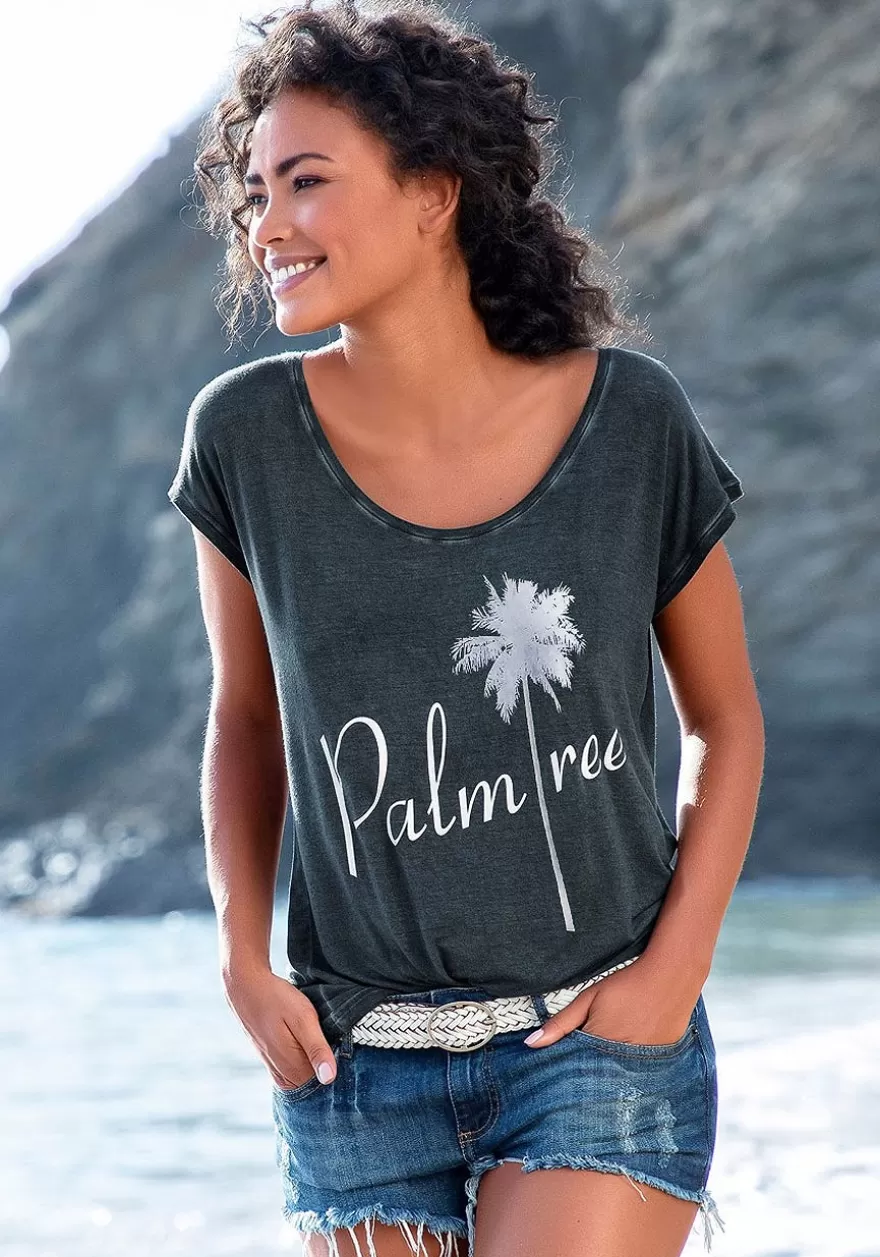 Store Palm Tree Print Top Short Sleeve Tops