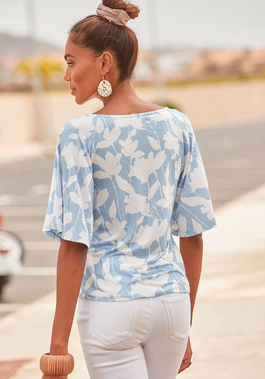 Online Printed Keyhole Neckline Top Short Sleeve Tops