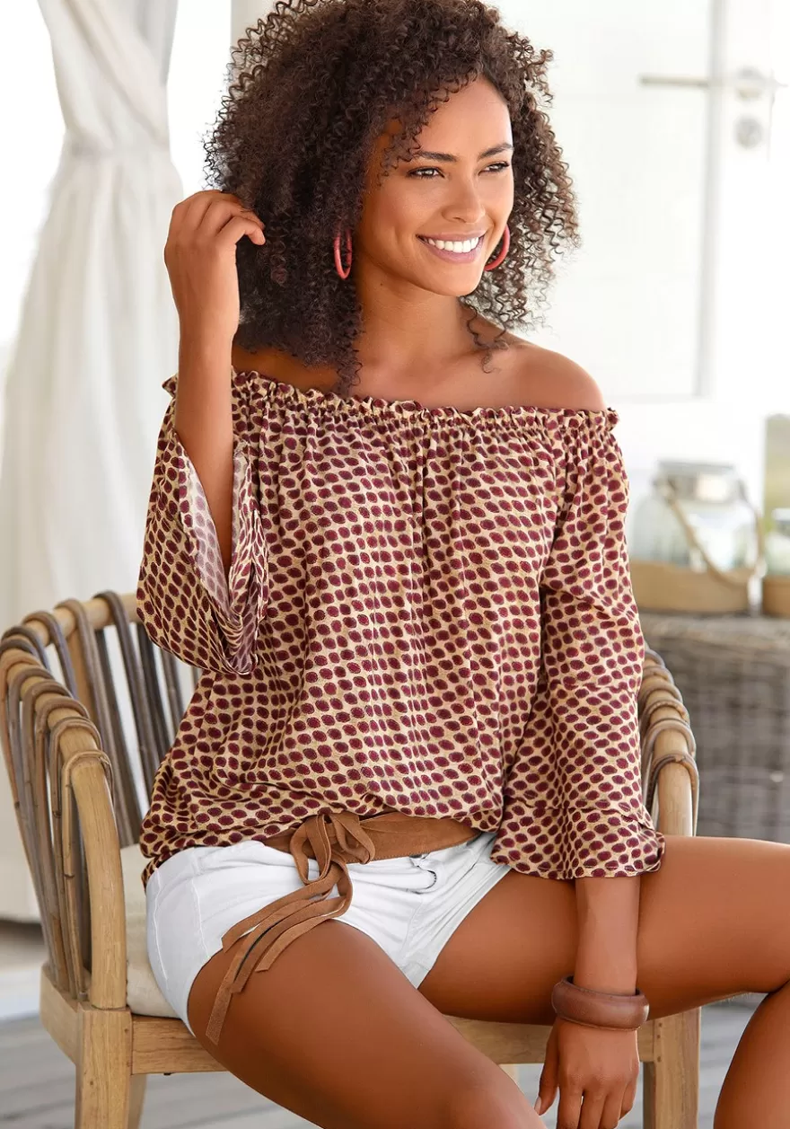 Discount Printed Off Shoulder Top Long Sleeve Tops