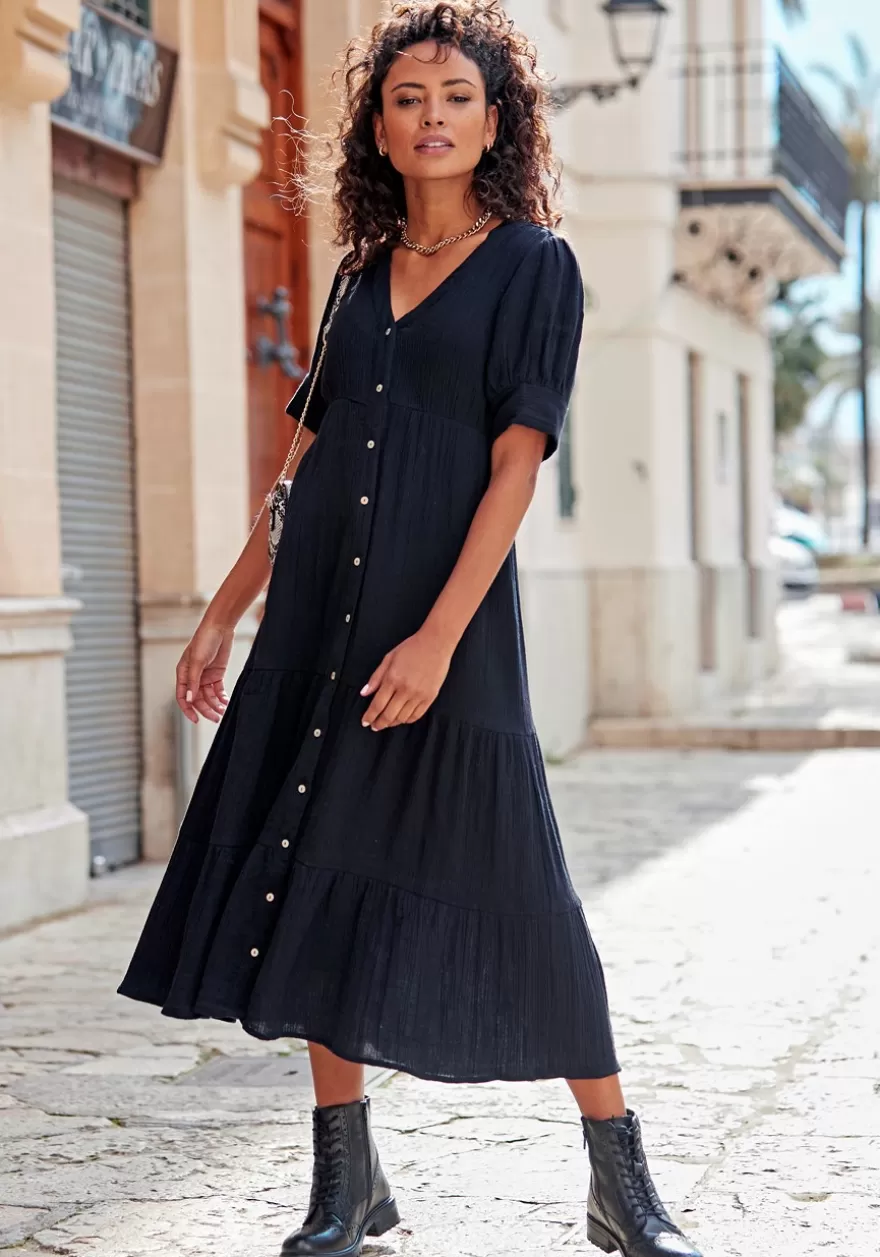 Clearance Short Sleeve Button Down Dress Midi Dresses