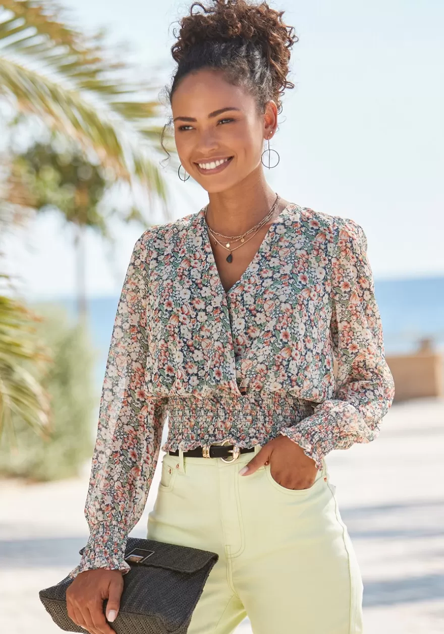 Flash Sale Smocked Floral Print Blouse Blouses