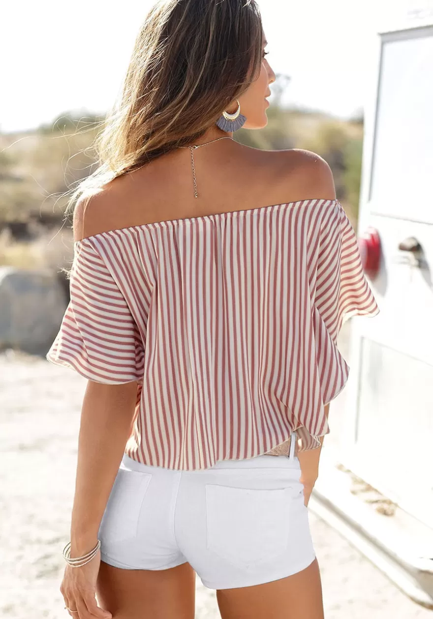 Store Striped Off Shoulder Top Short Sleeve Tops