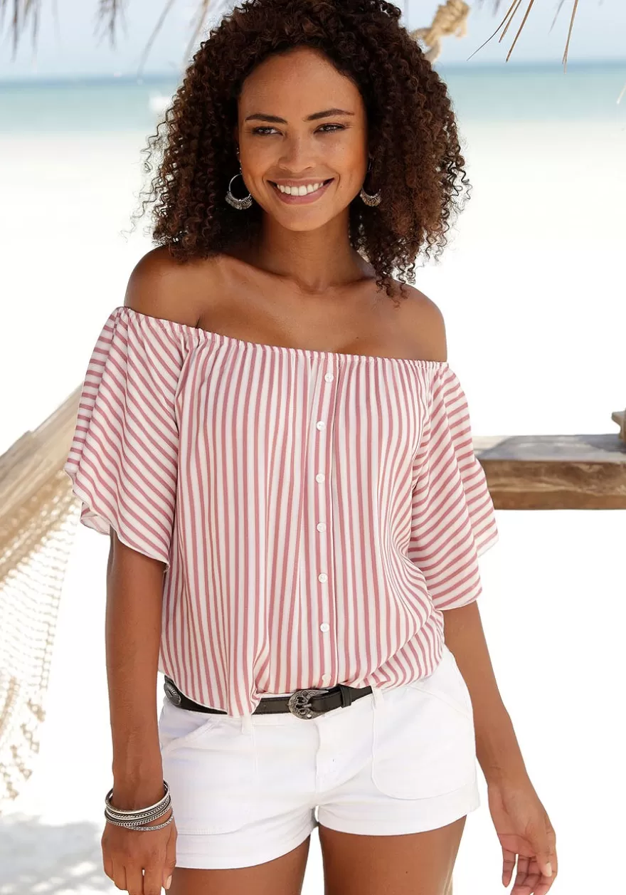 Store Striped Off Shoulder Top Short Sleeve Tops