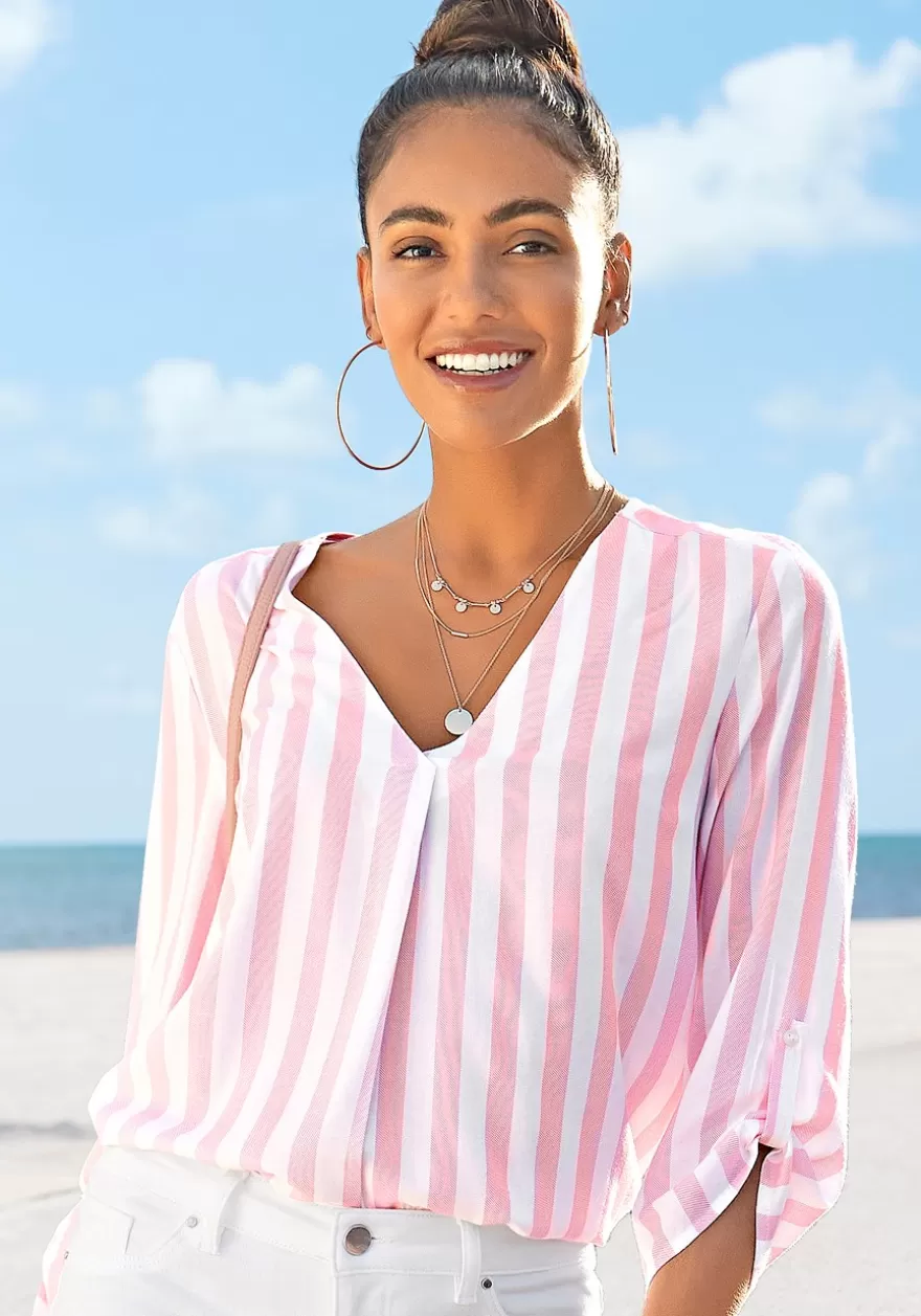 Best Striped Tab Sleeve Blouse Blouses