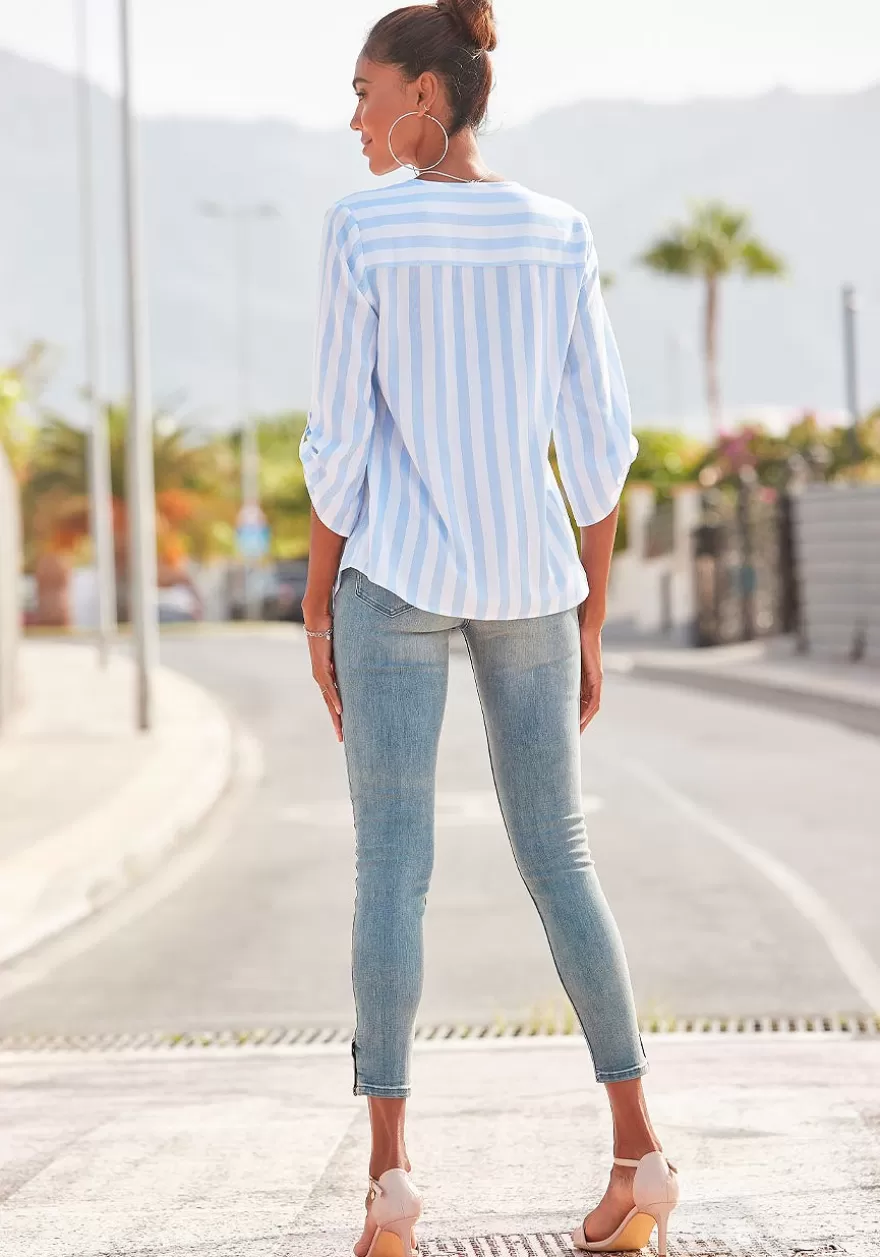 Cheap Striped Tab Sleeve Blouse Blouses