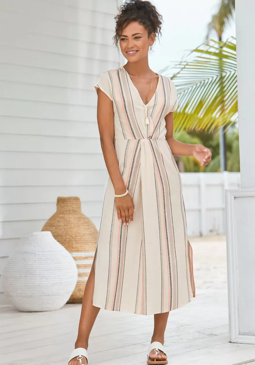 Outlet Striped V-Neck Dress Midi Dresses